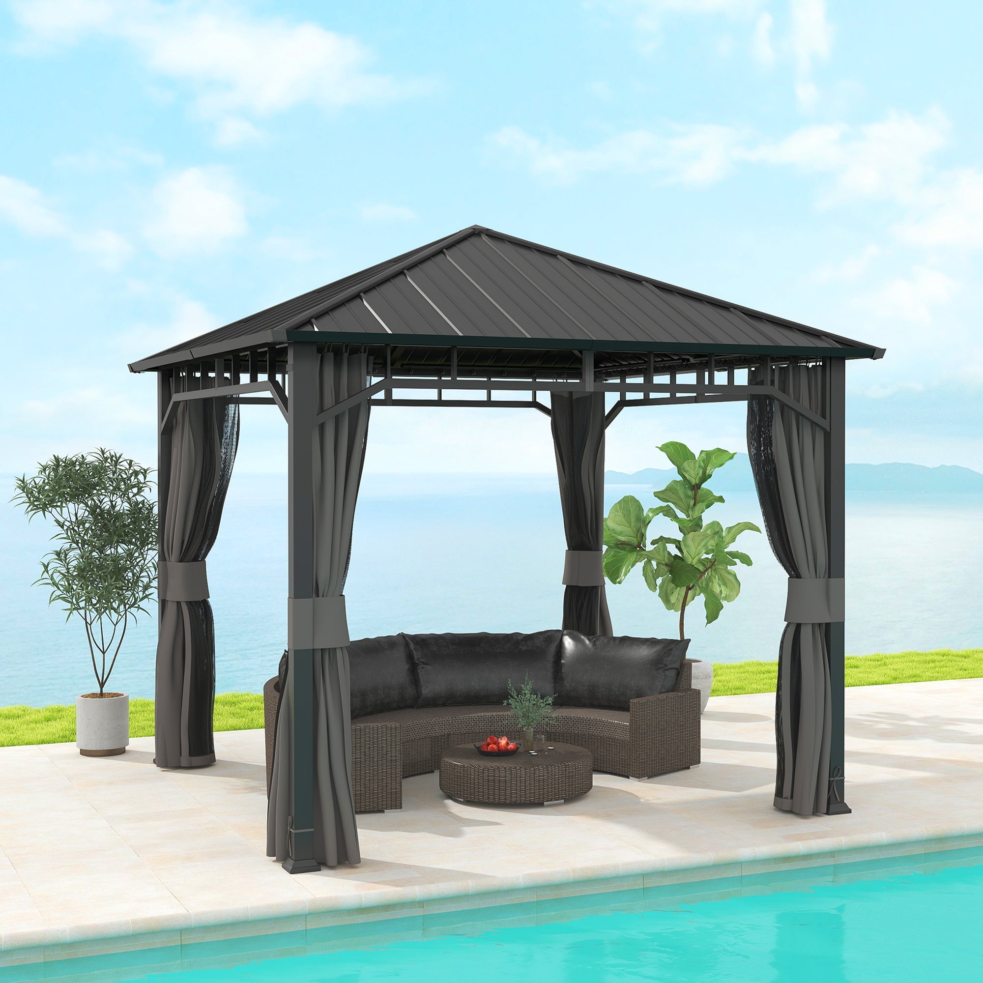 Outsunny 3 x 3(m) Hardtop Gazebo with Galvanised Steel Roof and Water Gutter, Waterproof Permanent Pavilion Garden Gazebo with Netting and Curtains for Patio, Deck 