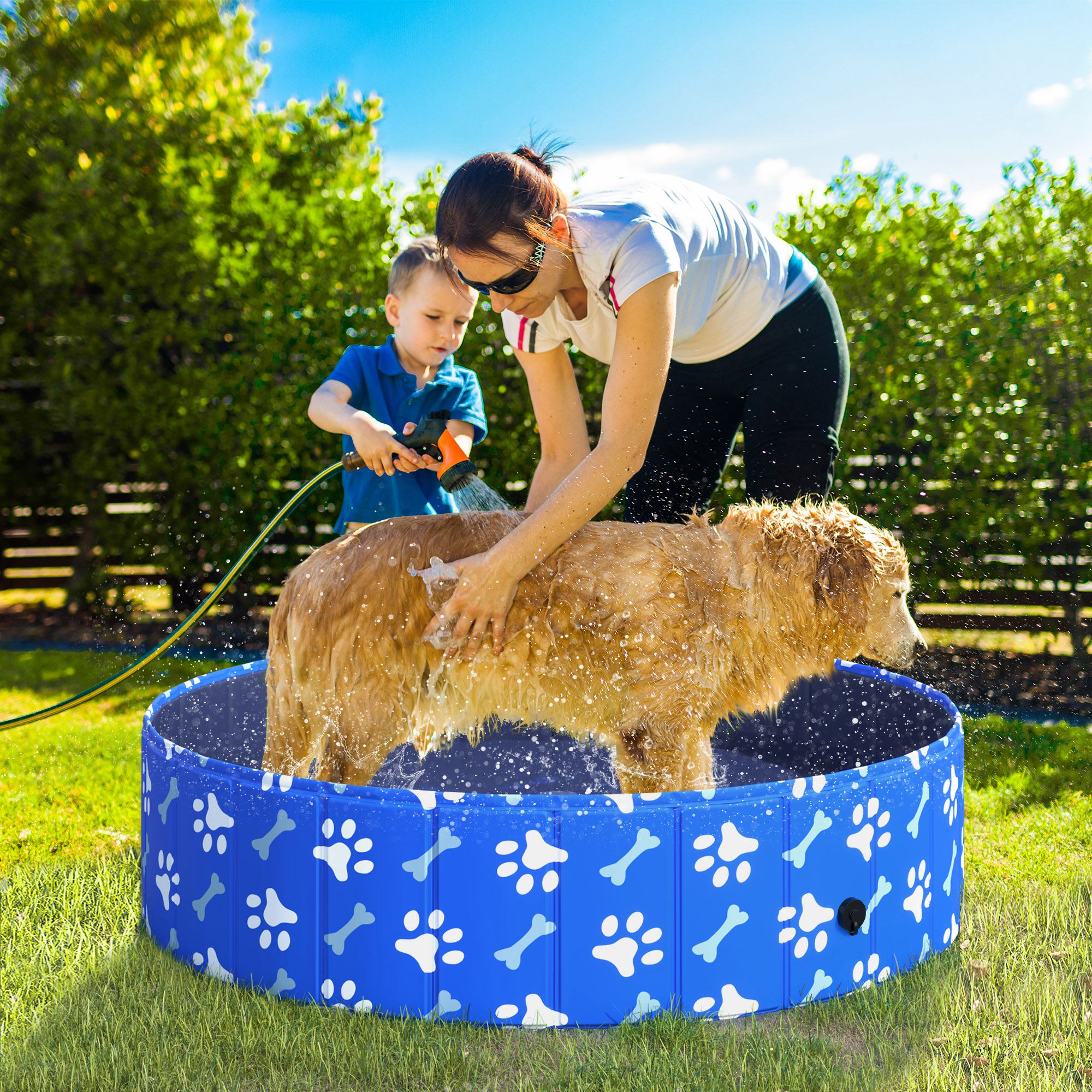 PawHut Foldable Dog Paddling Pool Pet Cat Swimming Pool Indoor/Outdoor Collapsible Bathing Tub Shower Tub Puppy Φ120 × 30H cm L Sized 