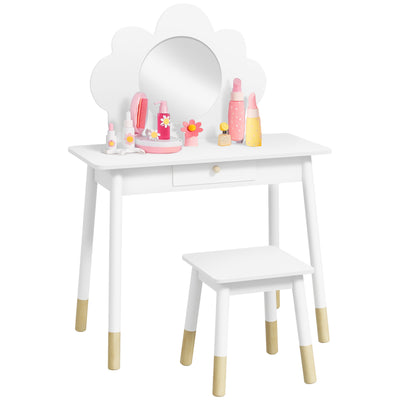 AIYAPLAY Kids Dressing Table with Mirror, Stool, Drawer, Cloud Design, White 
