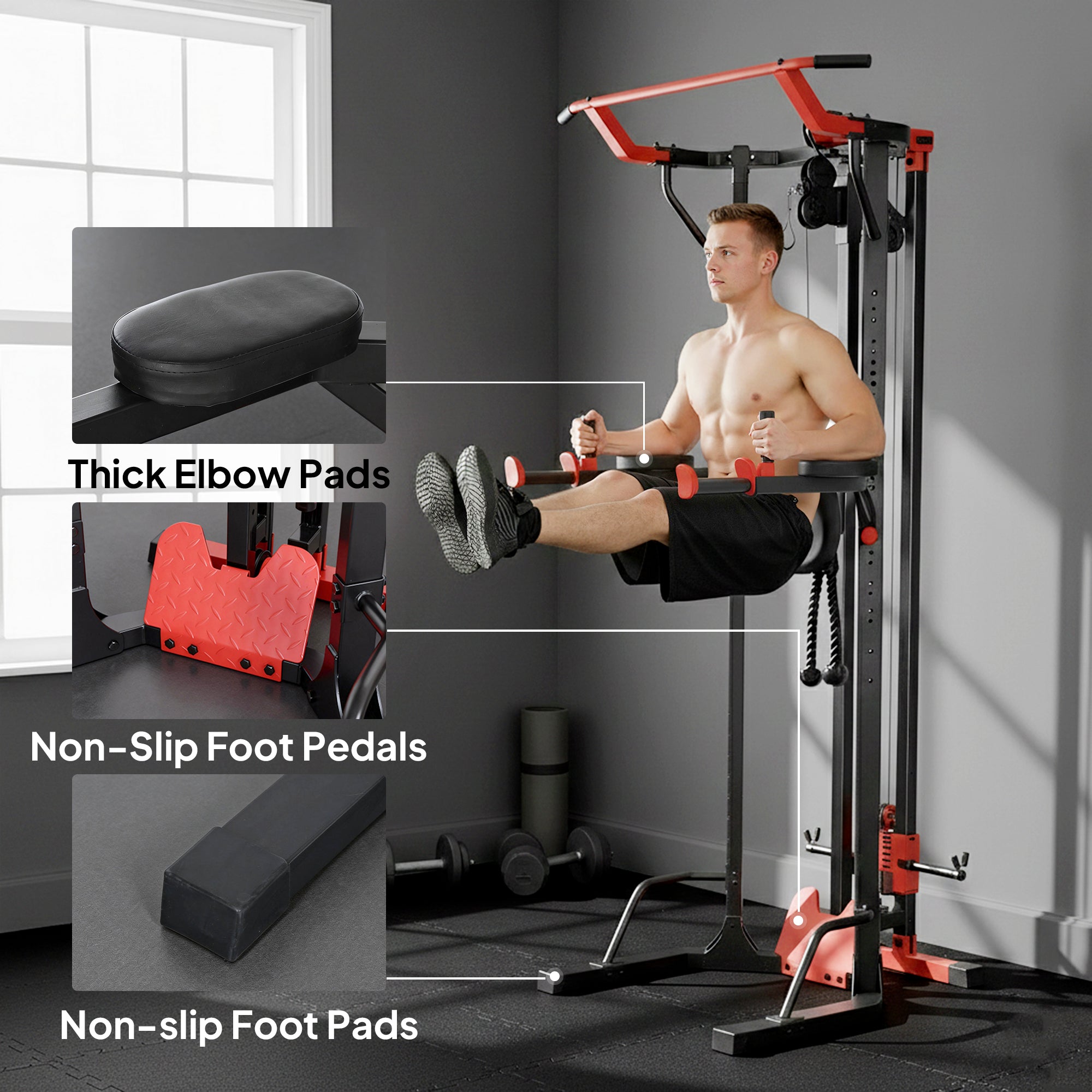 SPORTNOW Power Tower with Lat Pull Down Machine, Pull Up Bar, Dip Station, Adjustable Height Power Pack for Home Gym 