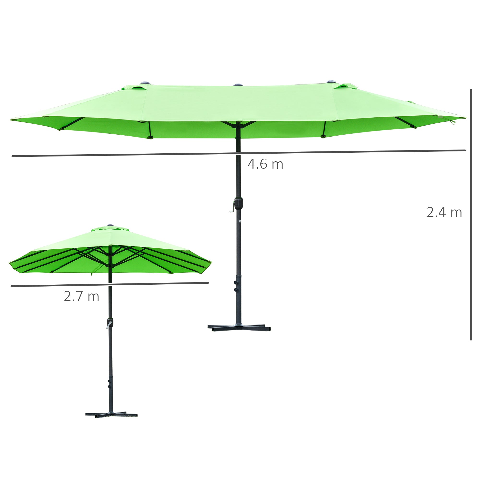 Outsunny 4.6M Sun Umbrella Canopy Double-sided Crank Sun Shade w/ Cross Base Green 