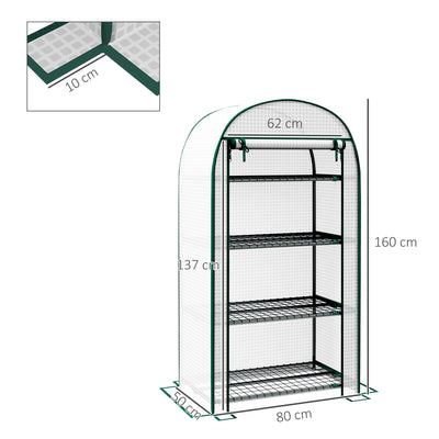 Outsunny 4 Tier Mini Greenhouse for Outdoor, Portable Gardening Plant Green House with Storage Shelf, Roll-Up Zipped Door, Metal Frame and PE Cover, 80 x 49 x 160cm, White 