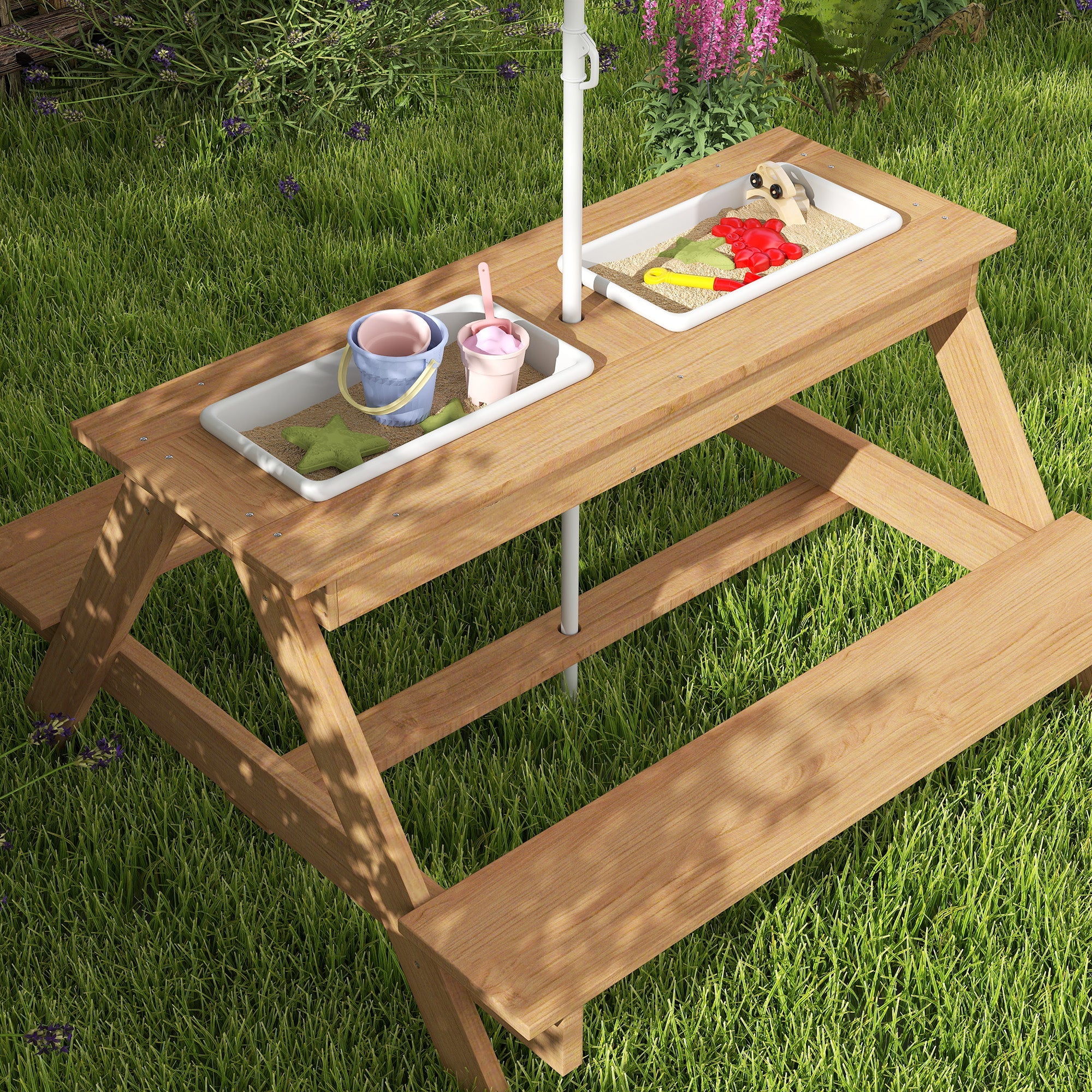 AIYAPLAY Kids Picnic Table, Sand and Water Table with Wooden Benches, Adjustable Parasol and Storage Bins, Multicolour 