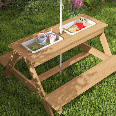 AIYAPLAY Kids Picnic Table, Sand and Water Table with Wooden Benches, Adjustable Parasol and Storage Bins, Multicolour 