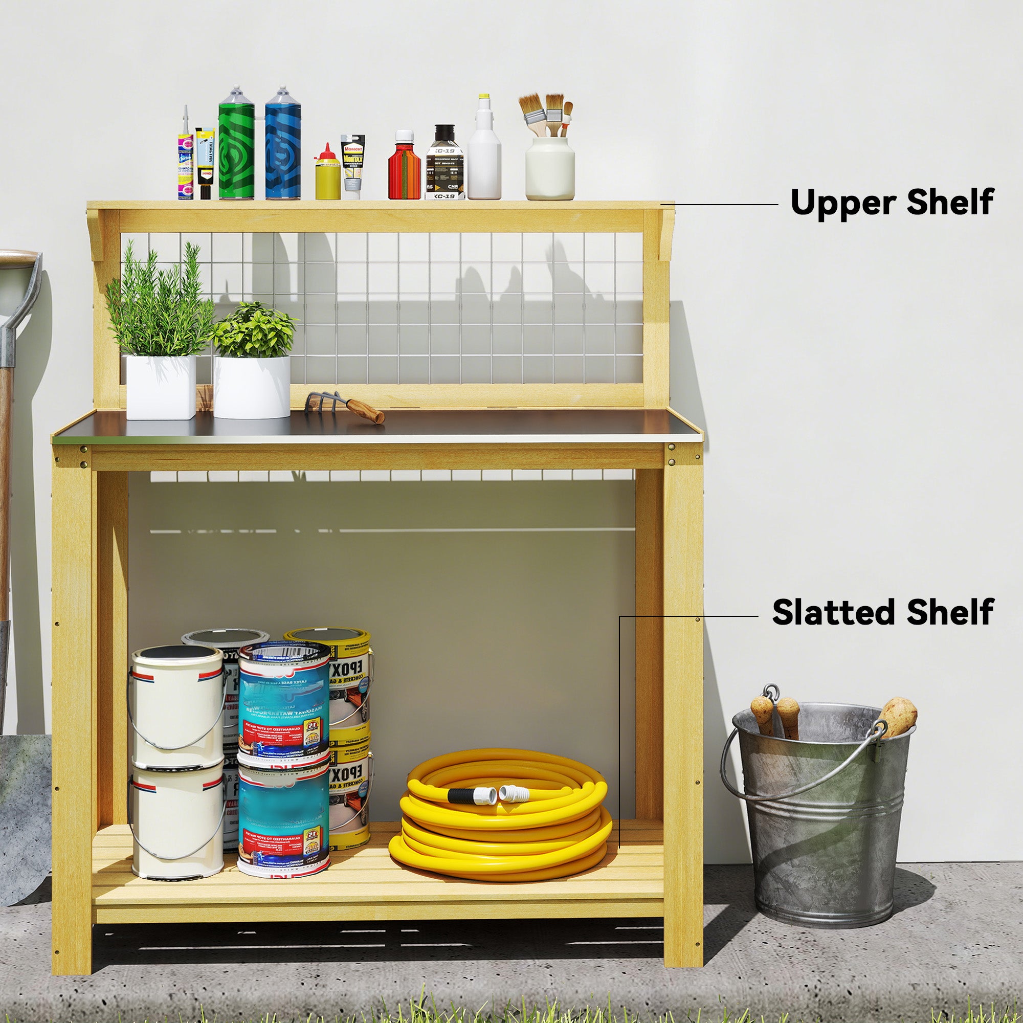 Outsunny Wooden Potting Bench Table with Aluminium Worktop, Outdoor Garden Workbench with 2 Shelves 