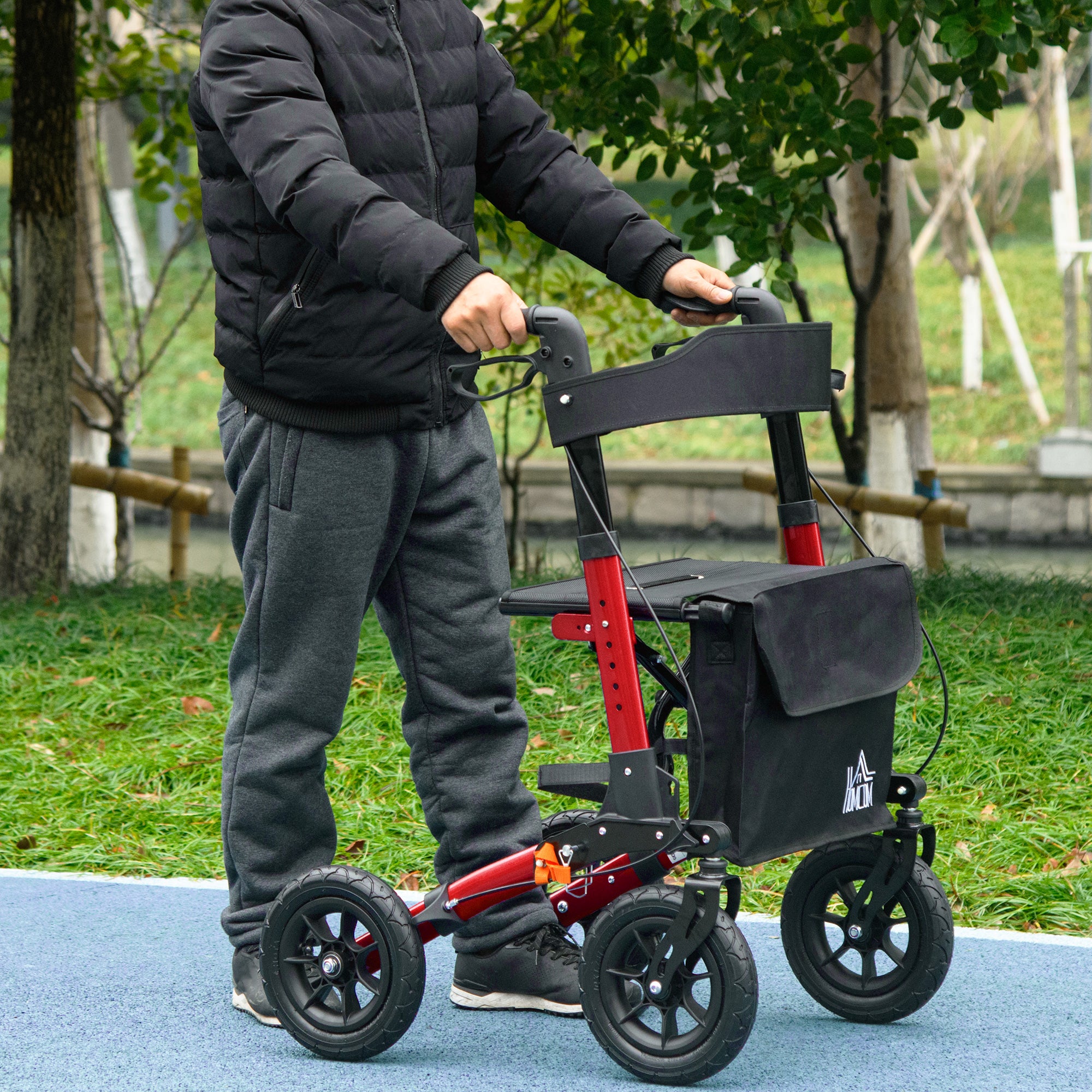 HOMCOM Lightweight Walking Frame, Rubber Wheels, Rollator Walker with Seat and Wheels with Adjustable Handle, Bag, Red 