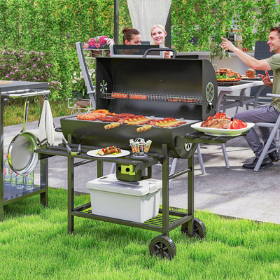 Outsunny Charcoal BBQ Grill with Foldable Front Side Shelf, Portable Barbecue Smoker with Warming Rack, Bottom Shelf, Lid, Temperature Gauge, Wheels for Outdoor Cooking Garden Party, Black 