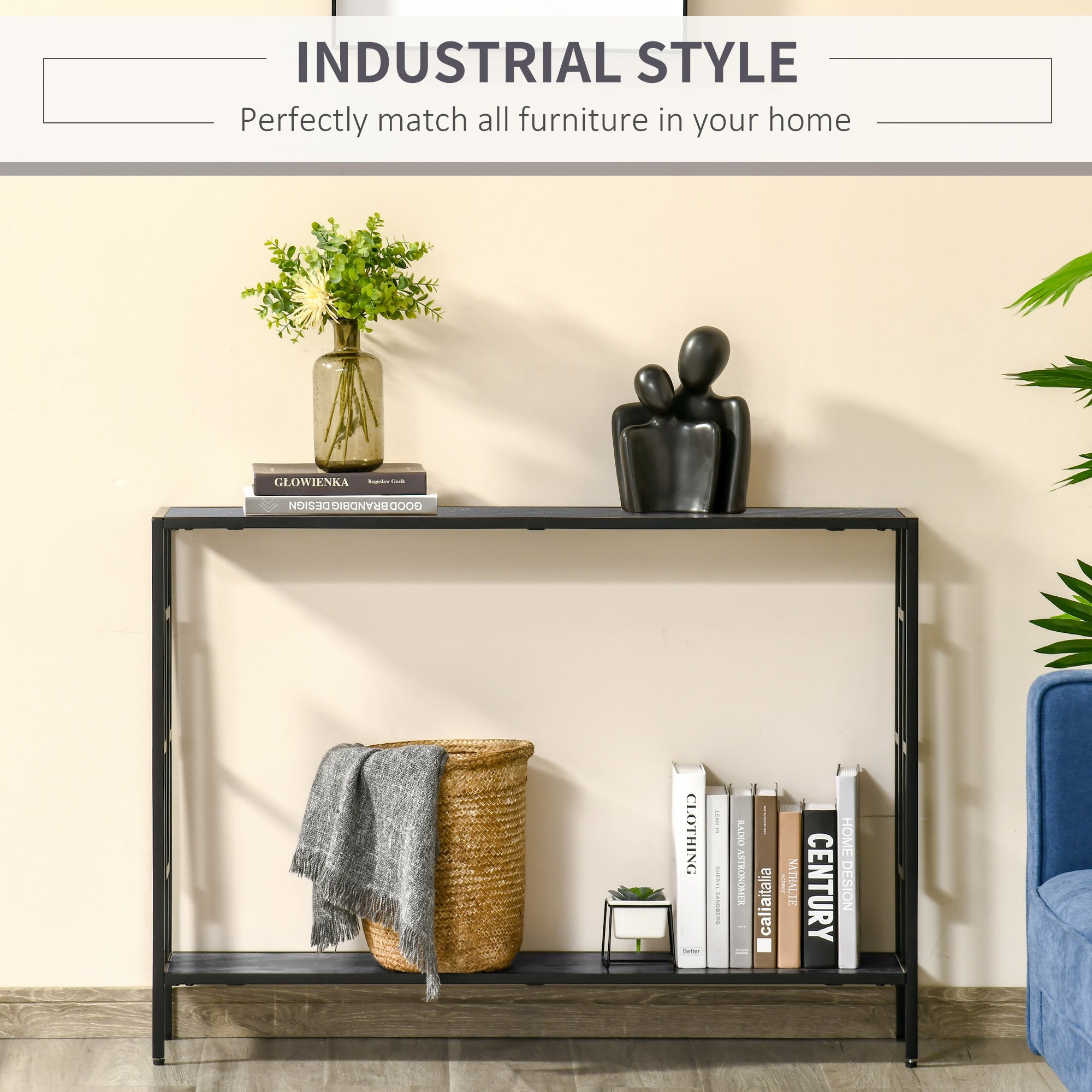 HOMCOM Industrial Console Table with Storage Shelf, Narrow Hallway Dressing Desk with Metal Frame for Living Room, Bedroom, Grey and Black 