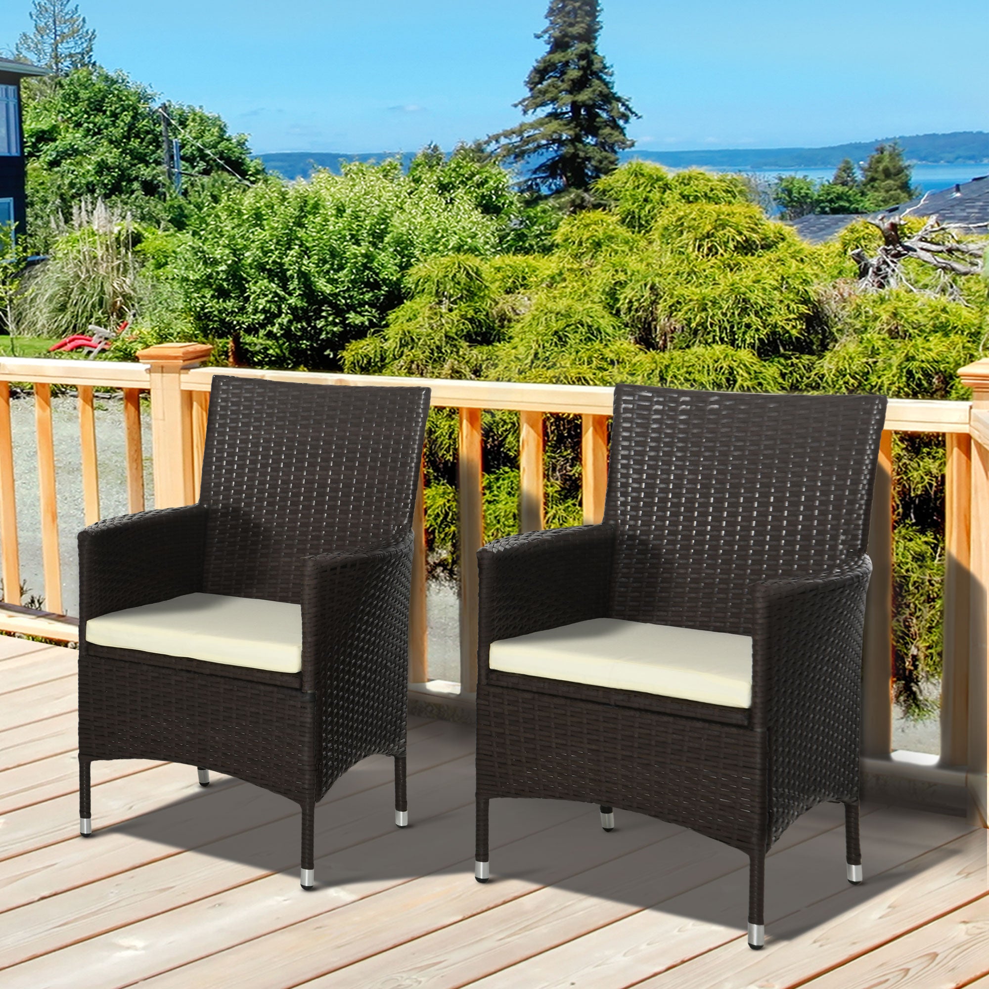 Outsunny 2 Pieces Outdoor PE Rattan Dining Chairs Set with Cushion, Garden Armchair with Armrests, High Backrest, Metal Frame Patio Wicker Furniture, Coffee 