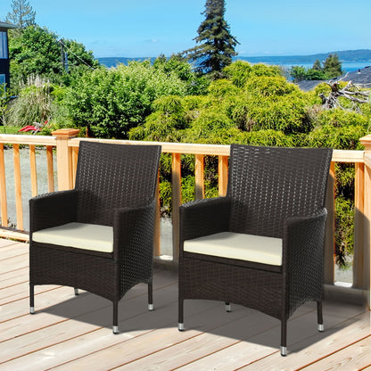Outsunny 2 Pieces Outdoor PE Rattan Dining Chairs Set with Cushion, Garden Armchair with Armrests, High Backrest, Metal Frame Patio Wicker Furniture, Coffee 