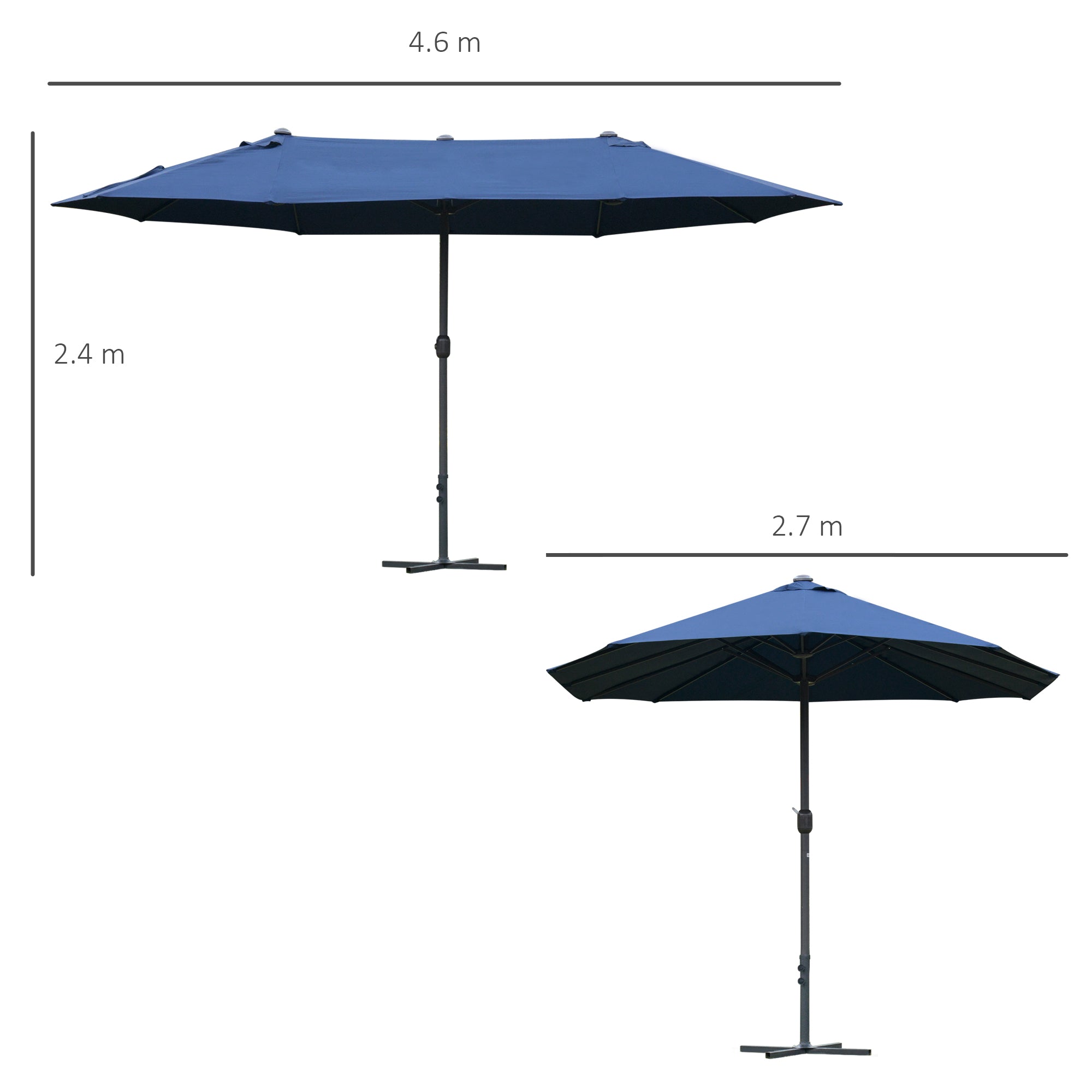 Outsunny 4.6M Sun Umbrella Canopy Double-sided Crank Sun Shade w/ Cross Base Dark Blue 