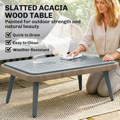 Outsunny 4 Piece Rattan Garden Furniture Set with Loveseat, Armchairs, Wood Table, Wicker Patio Conversation Set, Grey 