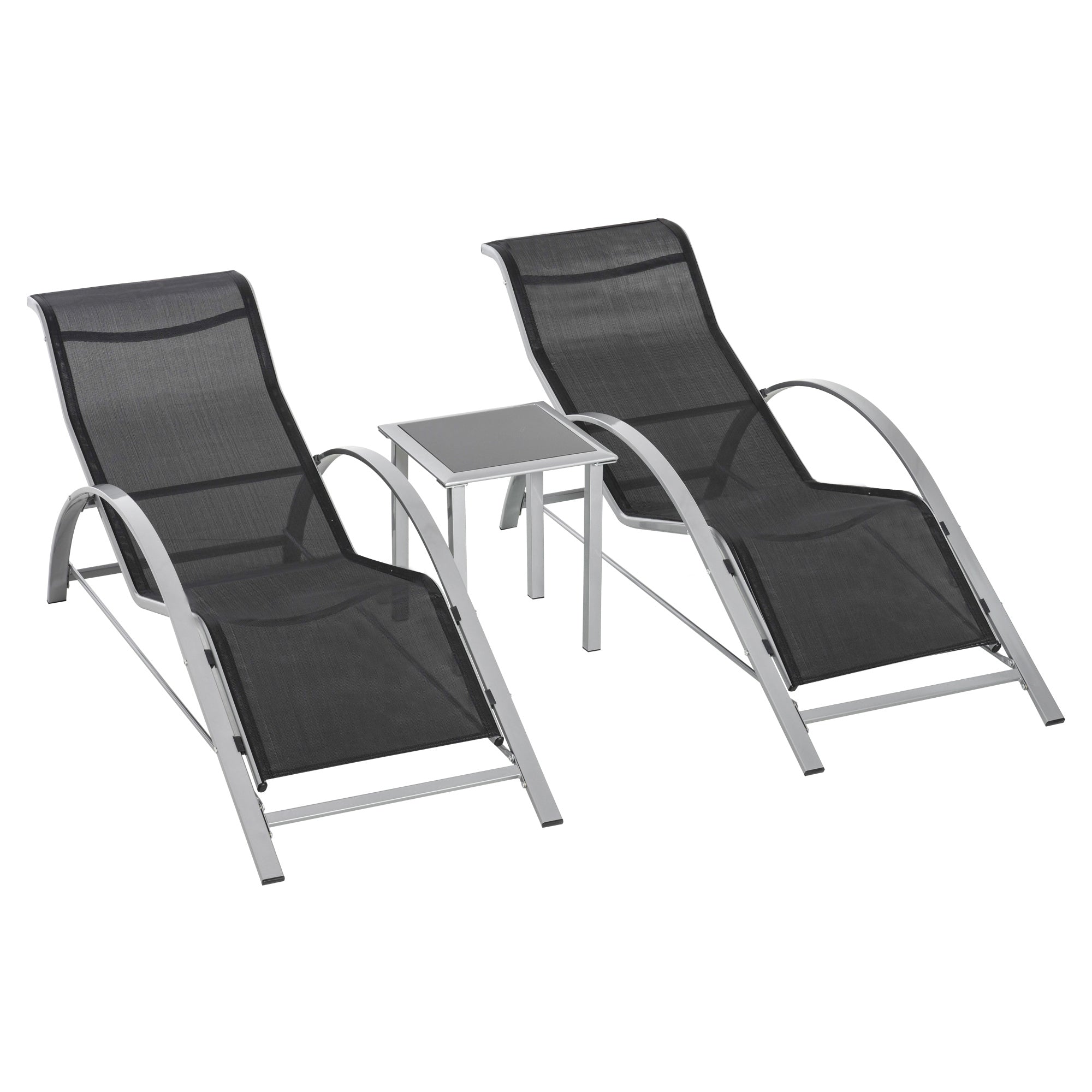 Outsunny 3 Pieces Sun Lounger Chair Set, Metal Frame Garden Outdoor Sunbathing Chair with Side Table and Armrest, Black 