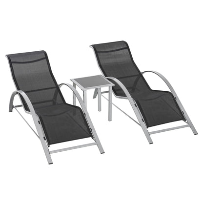 Outsunny 3 Pieces Sun Lounger Chair Set, Metal Frame Garden Outdoor Sunbathing Chair with Side Table and Armrest, Black 