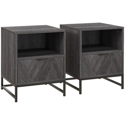 HOMCOM Bedside Table with Drawer and Shelf, Side End Table with Steel Legs for Living Room, Bedroom, Set of 2, Dark Grey 