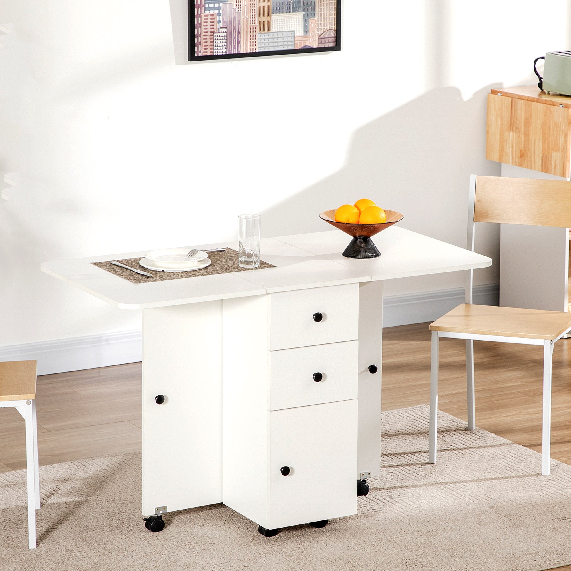 HOMCOM Multi-Storage Six-Person Drop Leaf Dining Table -  White