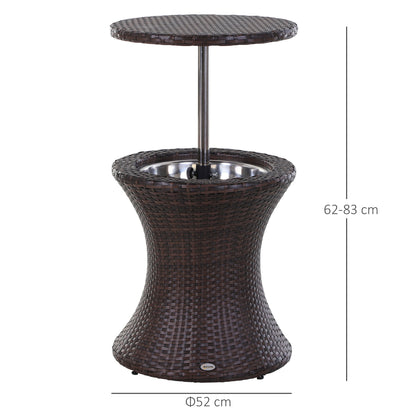 Outsunny PE Rattan Ice Bucket Table, Height Adjustable Liftable Outdoor Drinks Cooler, 52 cm Round Garden Beer Cocktail Table with Lid for Bar, Patio, Terrace, Brown 