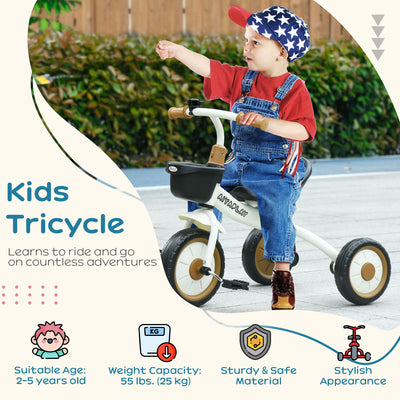 AIYAPLAY Kids Trike, Tricycle, with Adjustable Seat, Basket, Bell, for Ages 2-5 Years - White 