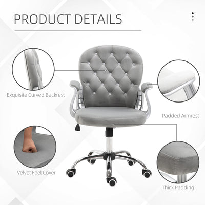 Vinsetto Office Chair, Swivel Desk Chair, Velvet Vanity Chair with Adjustable Height and Rolling Wheels for Home Work Study, Grey 