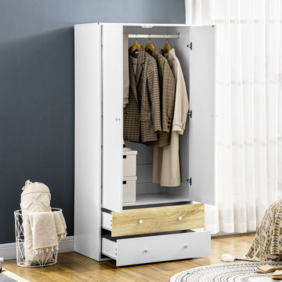 HOMCOM 2-Door Wardrobe with 2 Drawers, Hanging Rod and Anti-tipping Straps for Bedroom Clothes Storage Organisation, White 