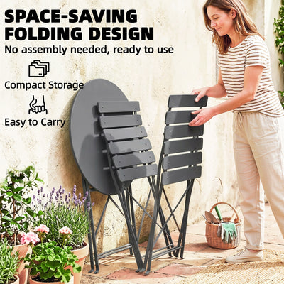 Outsunny Folding Garden Bistro Set, Outdoor Round Bistro Table and Chairs Set 2 with Electrophoresis Metal Frame, Grey 