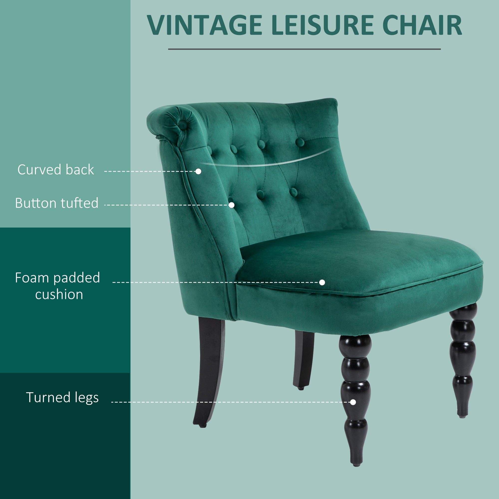 HOMCOM Velvet-Feel Wingback Accent Chair, with Wooden Legs - Green 