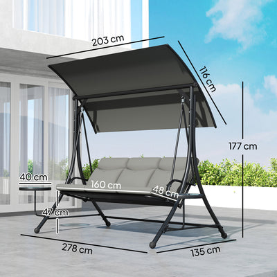 Outsunny 3 Seater Garden Swing Chair with Adjustable Canopy, Cushion and Coffee Tables for Outdoor Dark Grey 