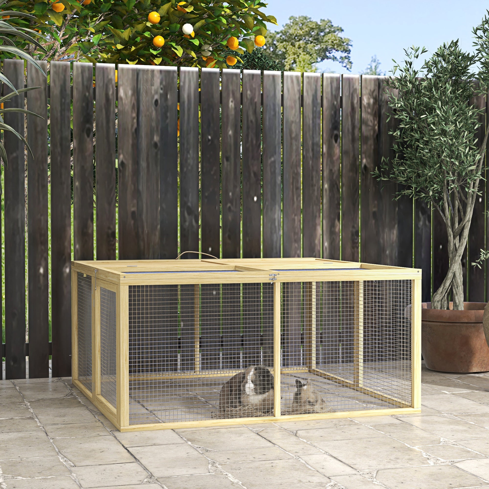 PawHut Wooden Folding Rabbit Hutch, for 2-3 Rabbits - Natural Wood 