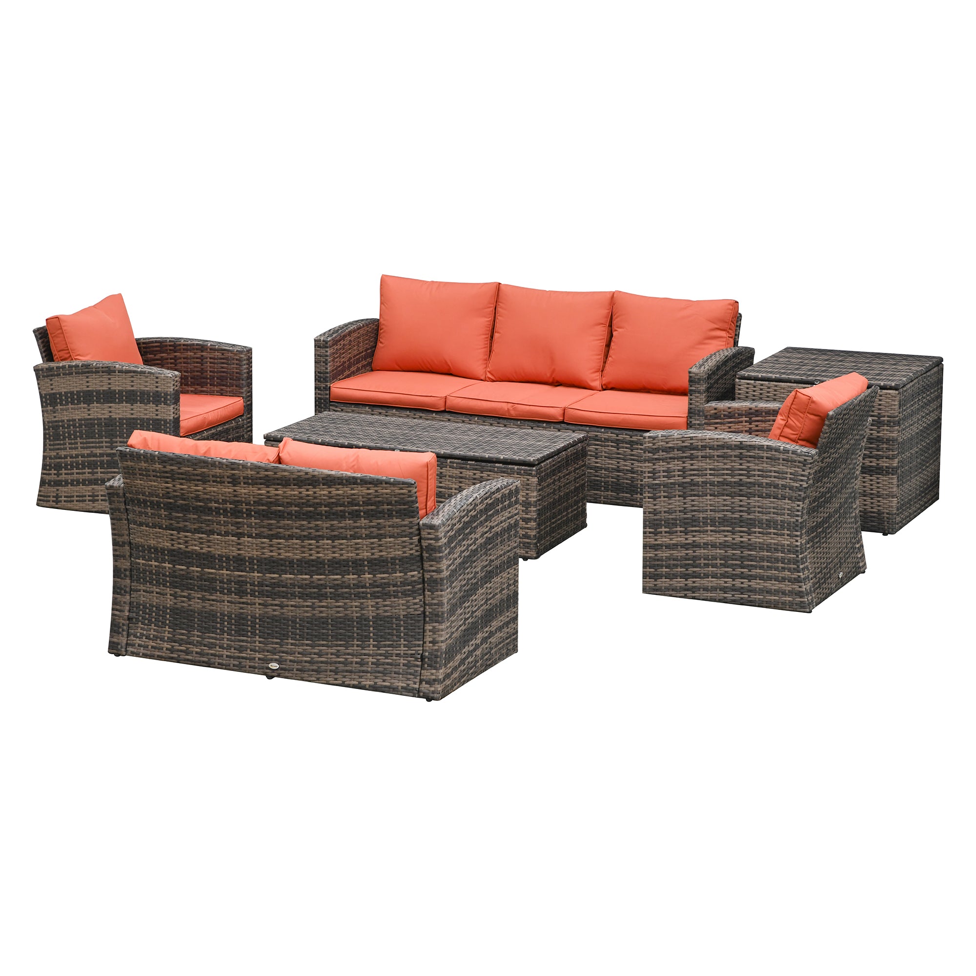 Outsunny 6 Pieces Rattan Garden Furniture Set, 7 Seater Wicker Outdoor Furniture Set with Storage Tea Table & Side Table, Sectional Garden Sofa Set with Cushions, Orange 