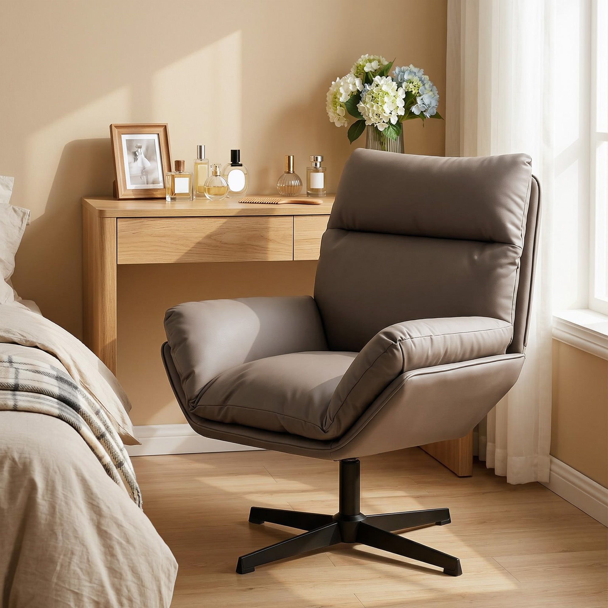 HOMCOM Accent Chair with 360 Swivel Armchair for Living Room with Padded Cushion Dark Brown 