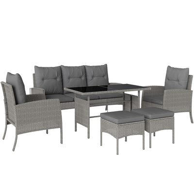 Outsunny 5 Seater Rattan Garden Furniture Set, 2 Armchairs, 3-Seater Wicker Sofa, 2 Footstools and Glass Table, 6 Piece Patio Rattan furniture Sofa Sets with Cushions for Conservatory, Grey 