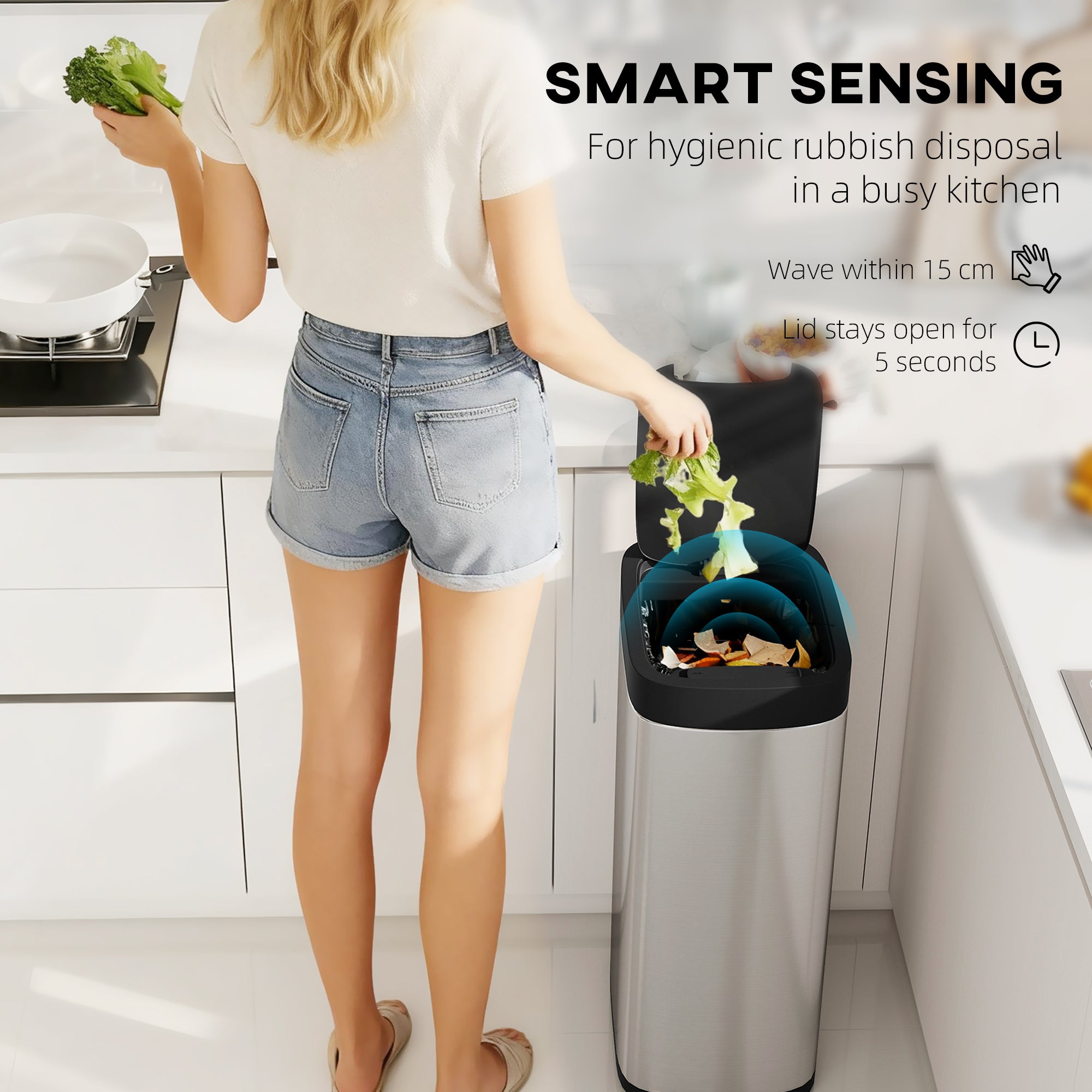 HOMCOM 50L Sensor Bin, Automatic Kitchen Bin, Manual Override, Battery Operated, Inner-Bucket-Free, for Kitchen, Bedroom 
