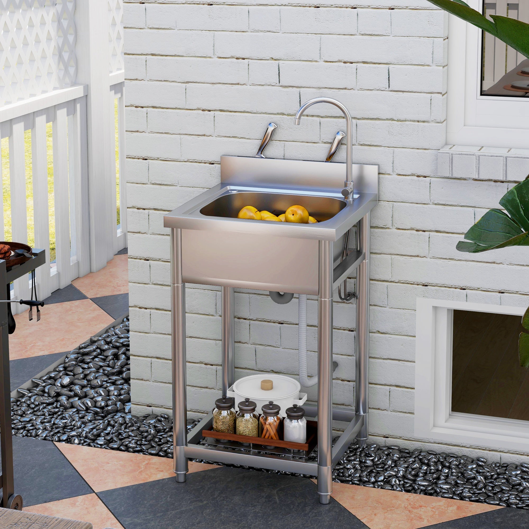 HOMCOM Outdoor Utility Sink, Stainless Steel Free Standing Single Bowl Kitchen Sink with Cold and Hot Water Pipe and Storage Shelf for Laundry Garage, 55 x 50 x 100 cm