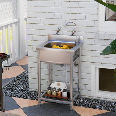 HOMCOM Outdoor Utility Sink, Stainless Steel Free Standing Single Bowl Kitchen Sink with Cold and Hot Water Pipe and Storage Shelf for Laundry Garage, 55 x 50 x 100 cm 