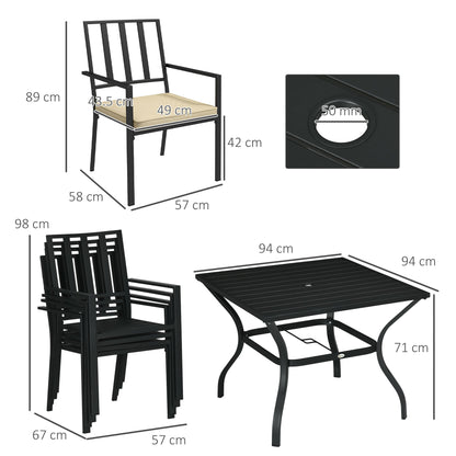 Outsunny 5 Pieces Garden Dining Set with Cushions, Outdoor Patio Table and 4 Stackable Chairs, Metal Top Table with Umbrella Hole, Black 