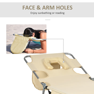 Outsunny Foldable Sun Lounger, Beach Chaise Lounge with Reading Hole, Arm Slots, 5-Position Adjustable Backrest, Side Pocket, Pillow for Patio, Garden, Beach, Pool, Beige 