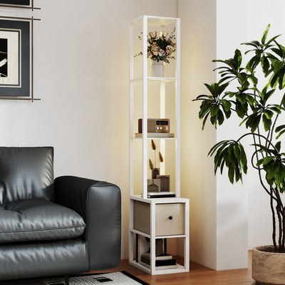 HOMCOM Floor Lamp with Shelves, LED Column Modern Standing Lamp with Fabric Drawer, Adjustable Brightness, Foot Switch for Living Room, Bedroom, Office, White 