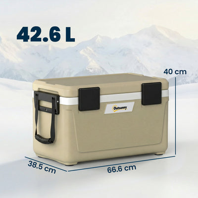 Outsunny 42.6L Insulated Cool Box, Lightweight Portable Ice Cooler with Handle, Lid and Drain Valve, Khaki 