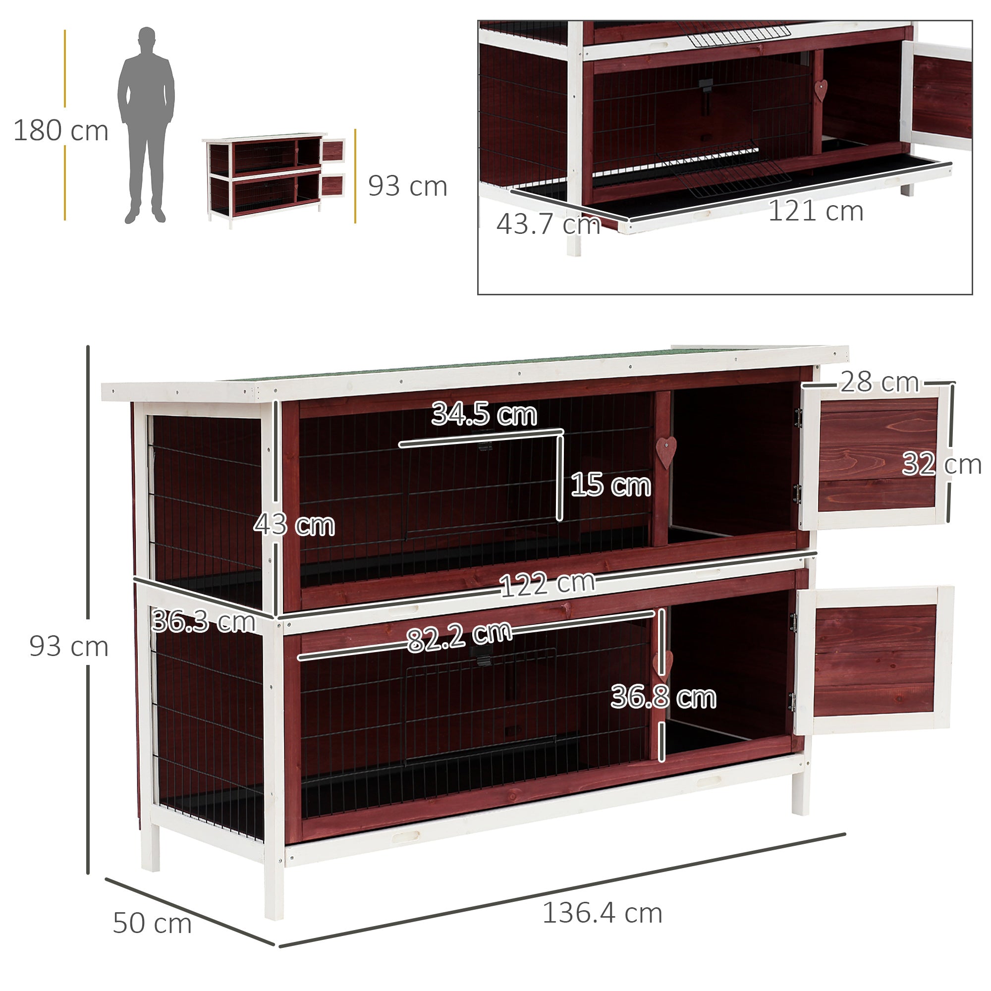 PawHut Rabbit Hutch Outdoor 2-Tier Guinea Pig Cage Bunny House Cage with No-Leak Trays for Indoor and Outdoor 136 x 50 x 93cm 