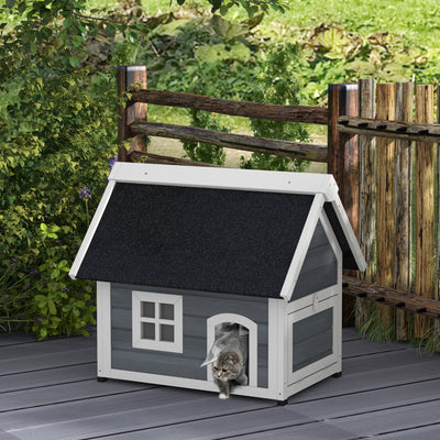 PawHut Outdoor Cat House, Wooden Feral Cat Shelter, with Openable Asphalt Roof, Three Doors - Grey 