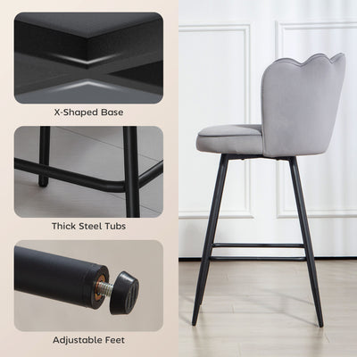HOMCOM Set of Two Velvet-Feel Lotus Bar Stools - Grey 