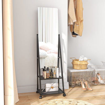 HOMCOM Free Standing Dressing Mirror, Rolling Full Length Mirror on Wheels with Adjustable Angle, Storage Shelves for Bedroom 