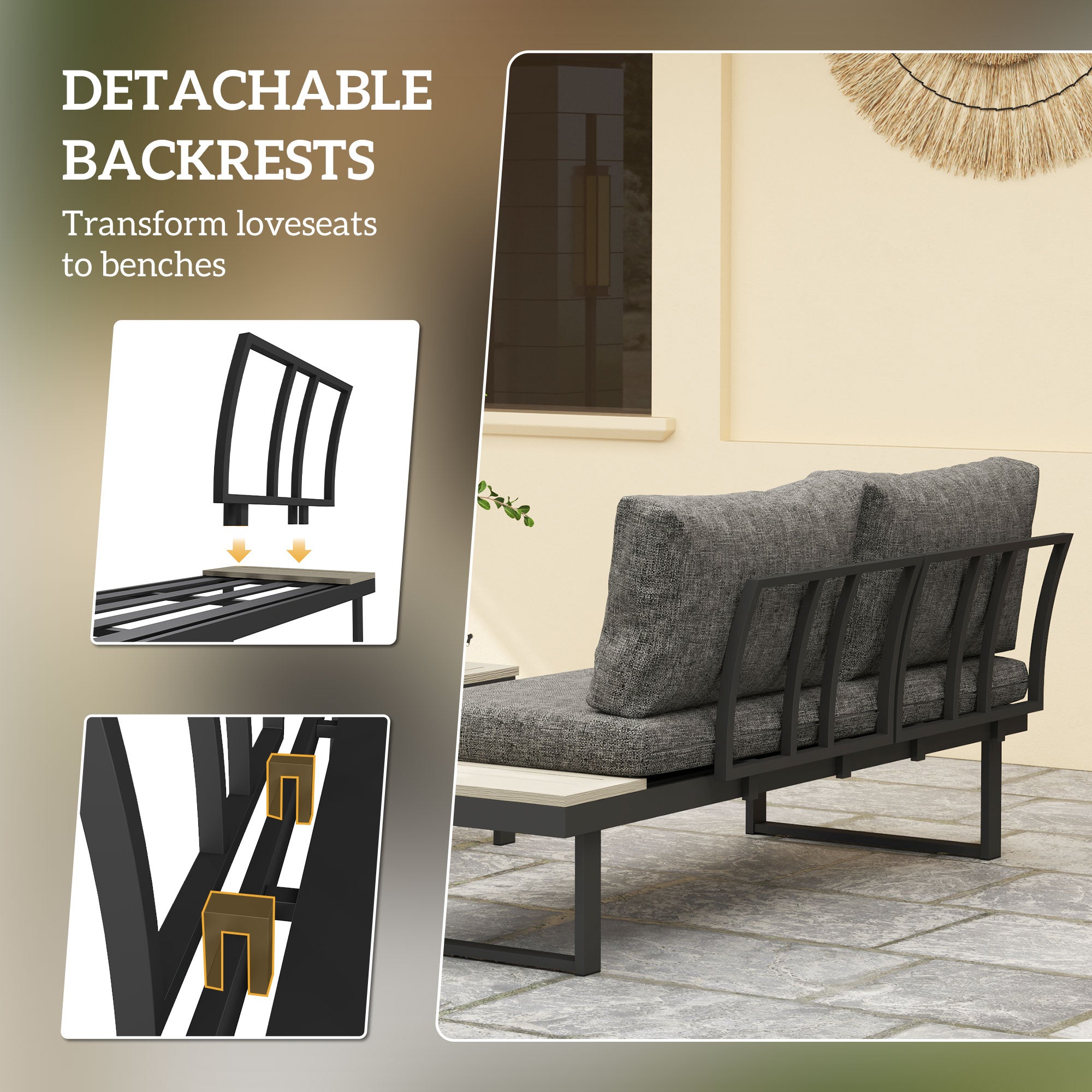 Outsunny 4 Seater L Shaped Aluminium Sectional Garden Furniture Set with 2 Loveseats and Wood-Plastic Coffee Table - Dark Grey 