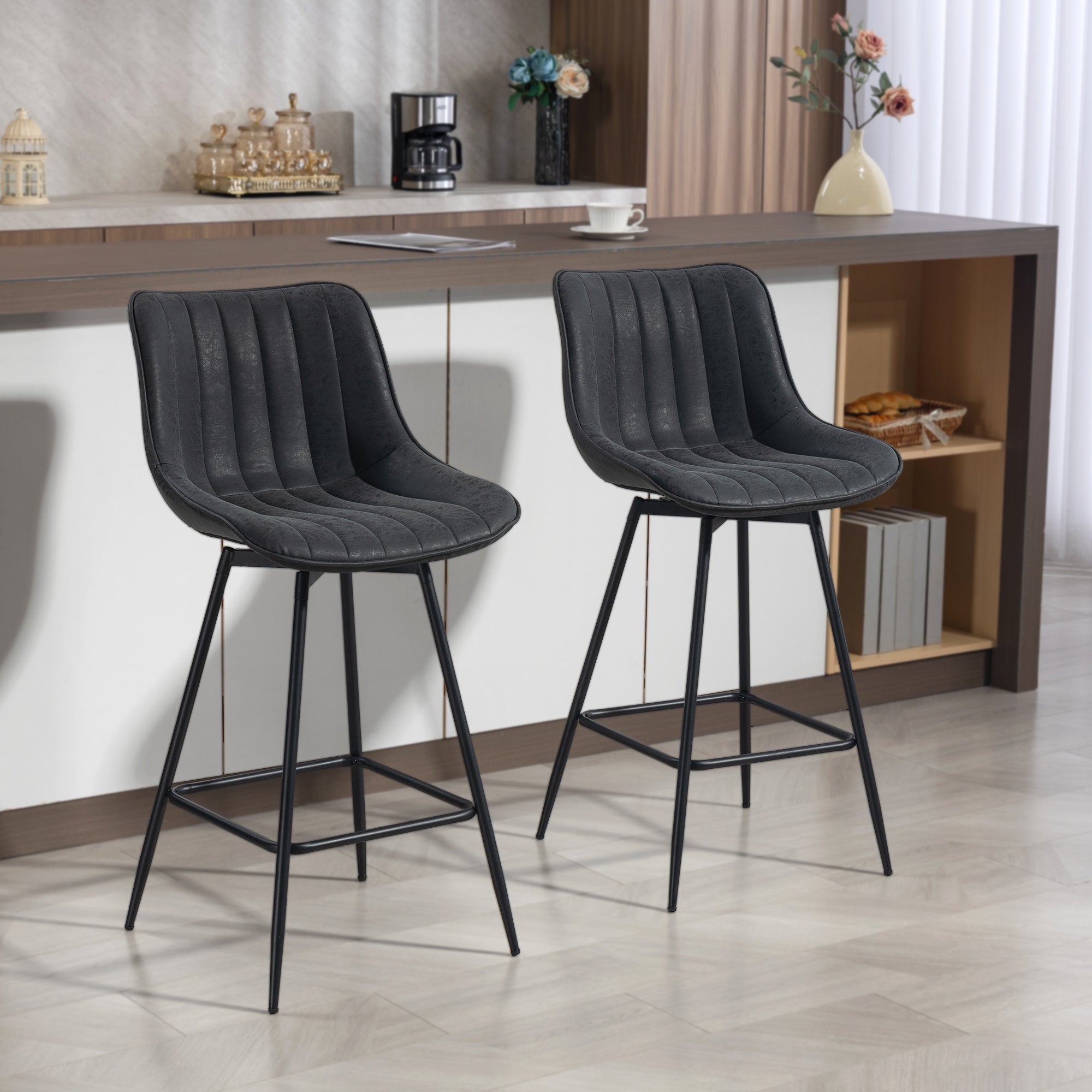 HOMCOM Set of 2 PU Leather Swivel Bar Stools - Black 