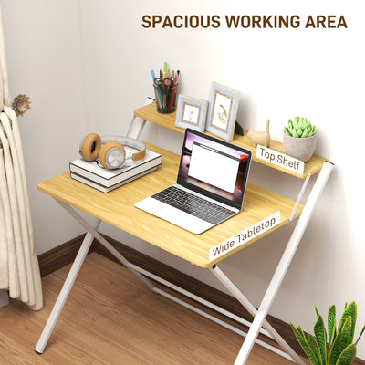 HOMCOM Compact Folding Desk for Small Spaces, Foldable Computer Desk with Storage Shelf for Home Office, 2-Tier Study Writing Table, 86 x 66 x 82 cm, Maple Wood-effect 