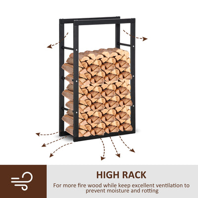 HOMCOM Metal Firewood Log Holder Tall Firewood Rack Indoor Outdoor Fireplace Wood Storage Shelf with Side Rails, Rust-Resistant, Black, 60W x 25D x 100H cm 