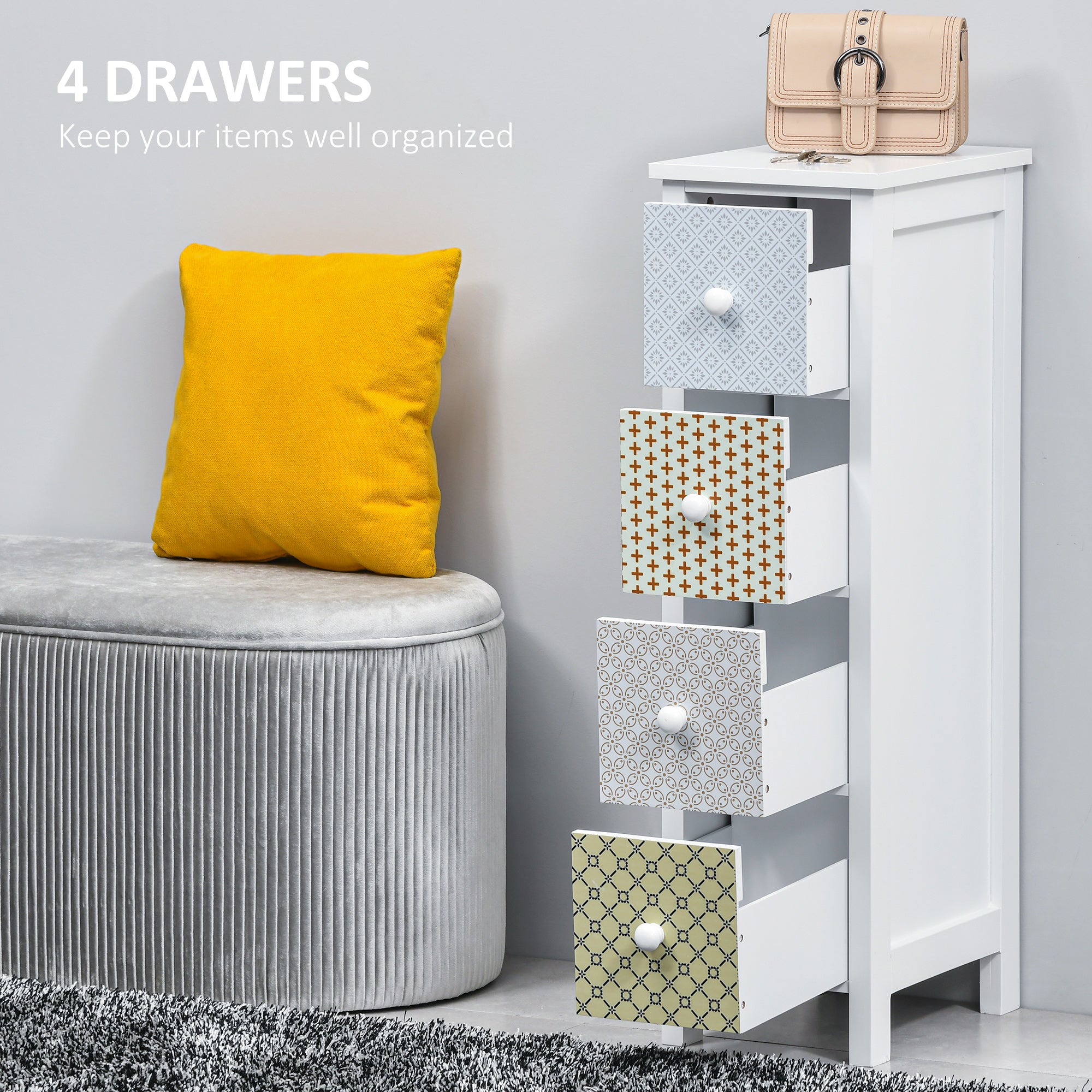 HOMCOM Chest of Drawers, 4 Drawer Dresser, Storage Organizer Toilet Tissue Cabinet for Bedroom, Bathroom 
