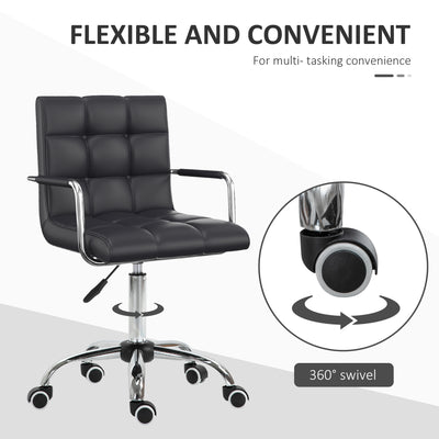 Vinsetto Office Chair, Makeup Vanity Chair, Mid Back Computer Chair, PU Leather Swivel Study Chair with Adjustable Height, Armrest and Rolling Wheels, Black 
