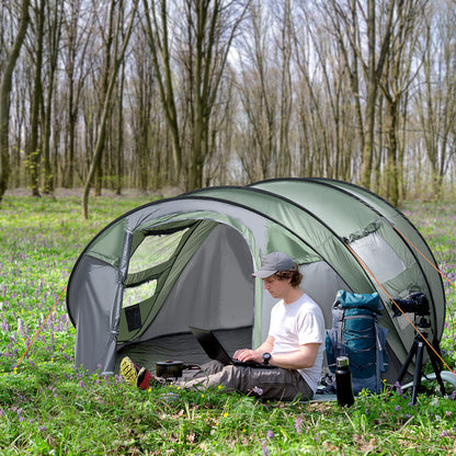 Outsunny 4-5 Person Pop-up Camping Tent Family Tent w/ 2 Mesh Windows & PVC Windows Portable Carry Bag for Outdoor Trip, Dark Green 