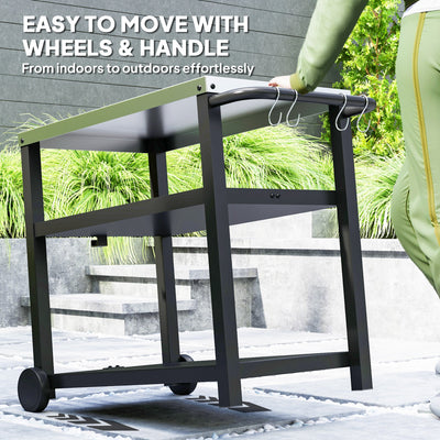Outsunny Outdoor Grill Dining Cart 3-Shelf Movable Pizza Oven Table Stand with Stainless Steel Top, Portable BBQ Trolley Food Prep Outdoor Kitchen BBQ Station with Hooks Wheels Handle, Charcoal Grey 